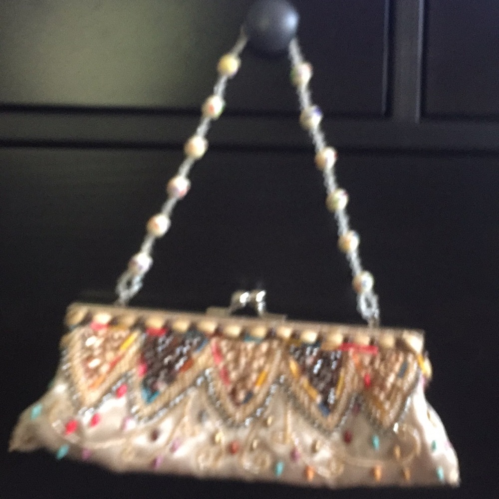 Embellished clutch/handbag w beaded handle..black satin clutch. BOGO